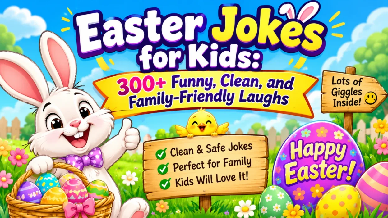 Easter jokes for kids banner with a cheerful bunny, colorful eggs, and 300+ family-friendly laughs