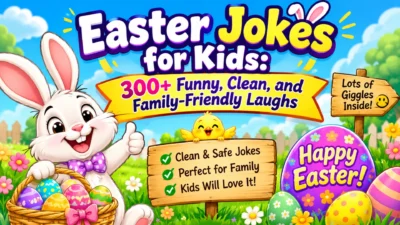 Easter jokes for kids banner with a cheerful bunny, colorful eggs, and 300+ family-friendly laughs