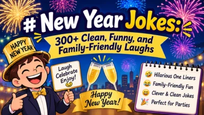 New Year jokes banner with clean, funny, family-friendly laughs, fireworks, and festive New Year celebration