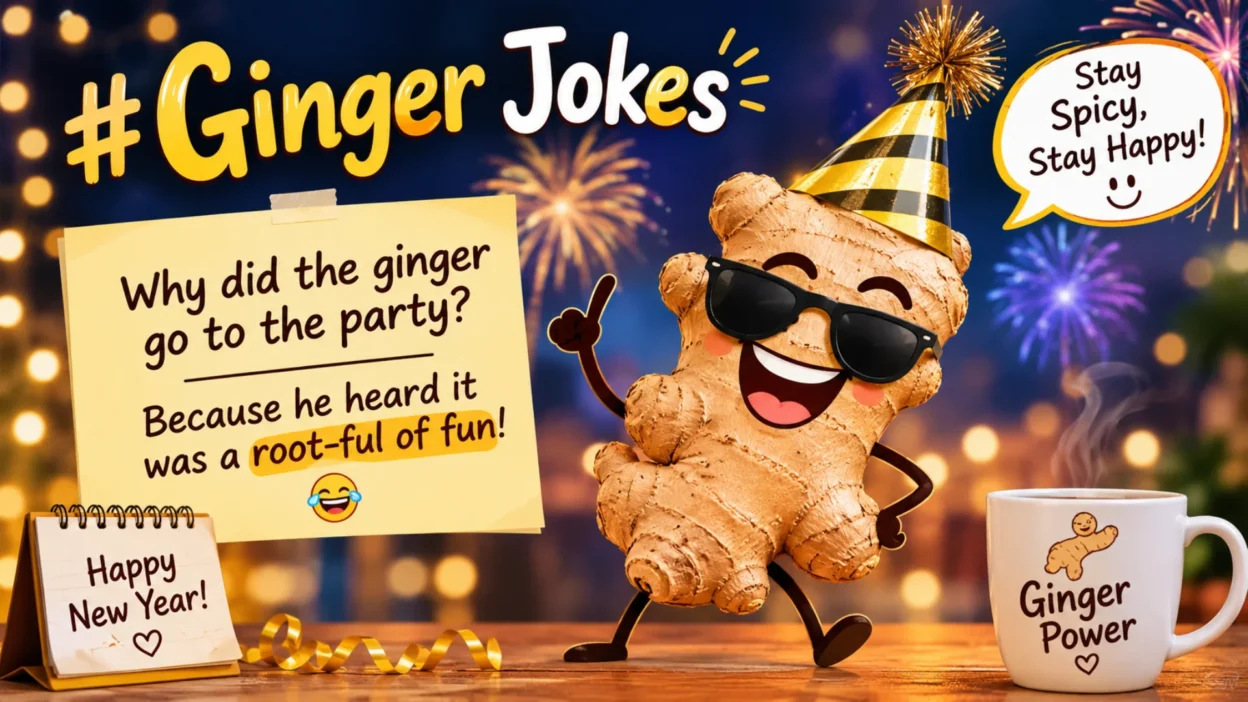 Funny ginger jokes with a playful ginger root character celebrating New Year