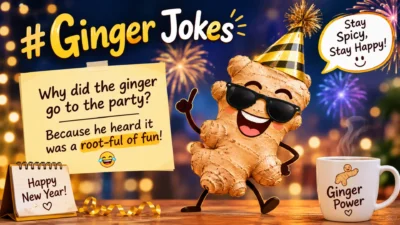 Funny ginger jokes with a playful ginger root character celebrating New Year