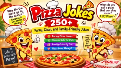 Funny pizza jokes with cheerful cartoon pizza slices and family-friendly humor