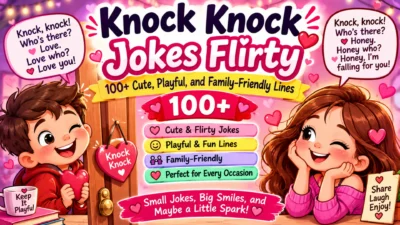 Flirty knock knock jokes with cute hearts and playful cartoon characters