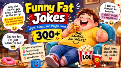 Funny fat jokes with a cheerful cartoon character enjoying pizza and snacks