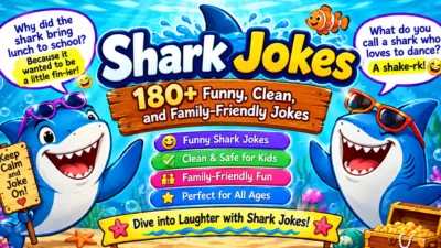 Colorful shark jokes poster with friendly cartoon sharks and 180+ clean family-friendly jokes