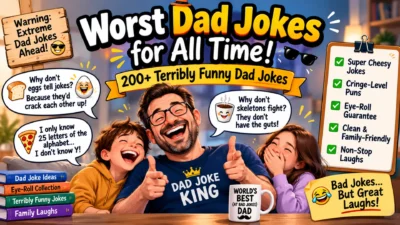 Worst dad jokes graphic with funny dad, kids, and 200+ cheesy family-friendly jokes
