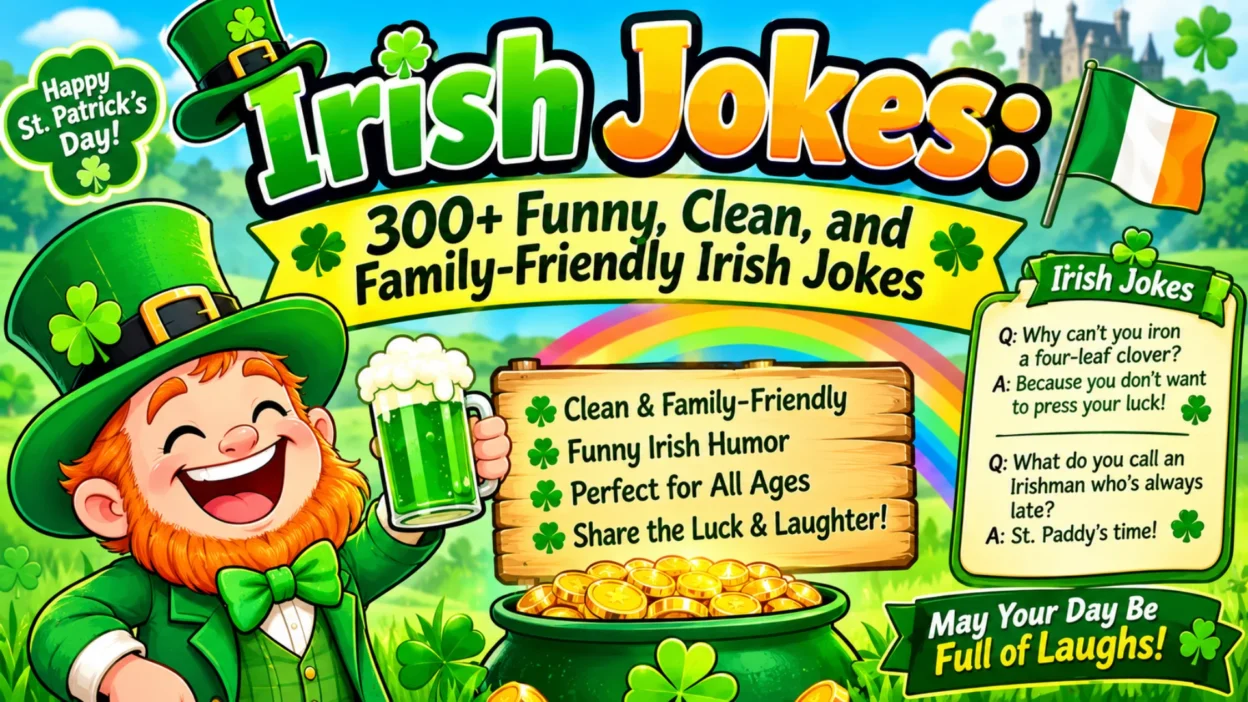 Irish jokes banner with a cheerful leprechaun, shamrocks, rainbow, and 300+ clean family-friendly jokes