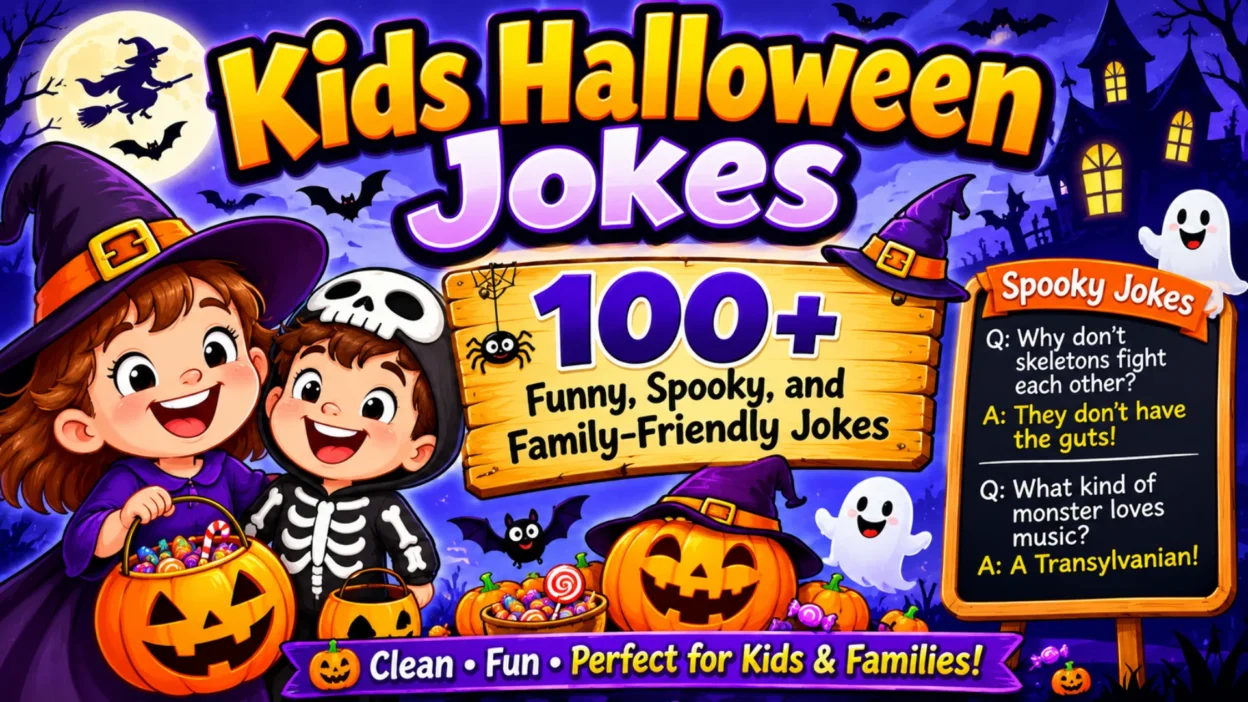 Kids Halloween jokes banner with spooky characters, pumpkins, candy, and 100+ family-friendly jokes