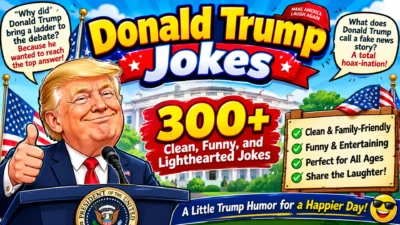 Donald Trump jokes graphic with 300+ clean, funny, and lighthearted jokes