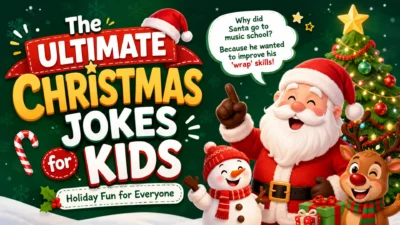 Christmas jokes for kids with Santa, snowman, reindeer, and festive holiday decorations