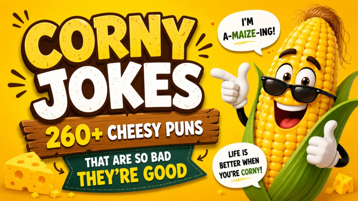 Funny corny jokes banner with a smiling cartoon corn, cheesy puns, and bold text about 260+ jokes that are so bad they're good.