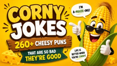Funny corny jokes banner with a smiling cartoon corn, cheesy puns, and bold text about 260+ jokes that are so bad they're good.
