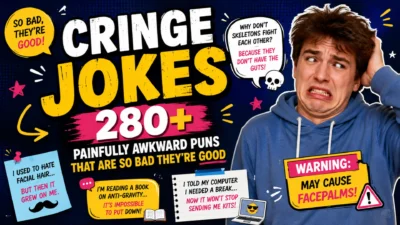 Cringe jokes graphic featuring 280+ painfully awkward puns that are so bad they’re good