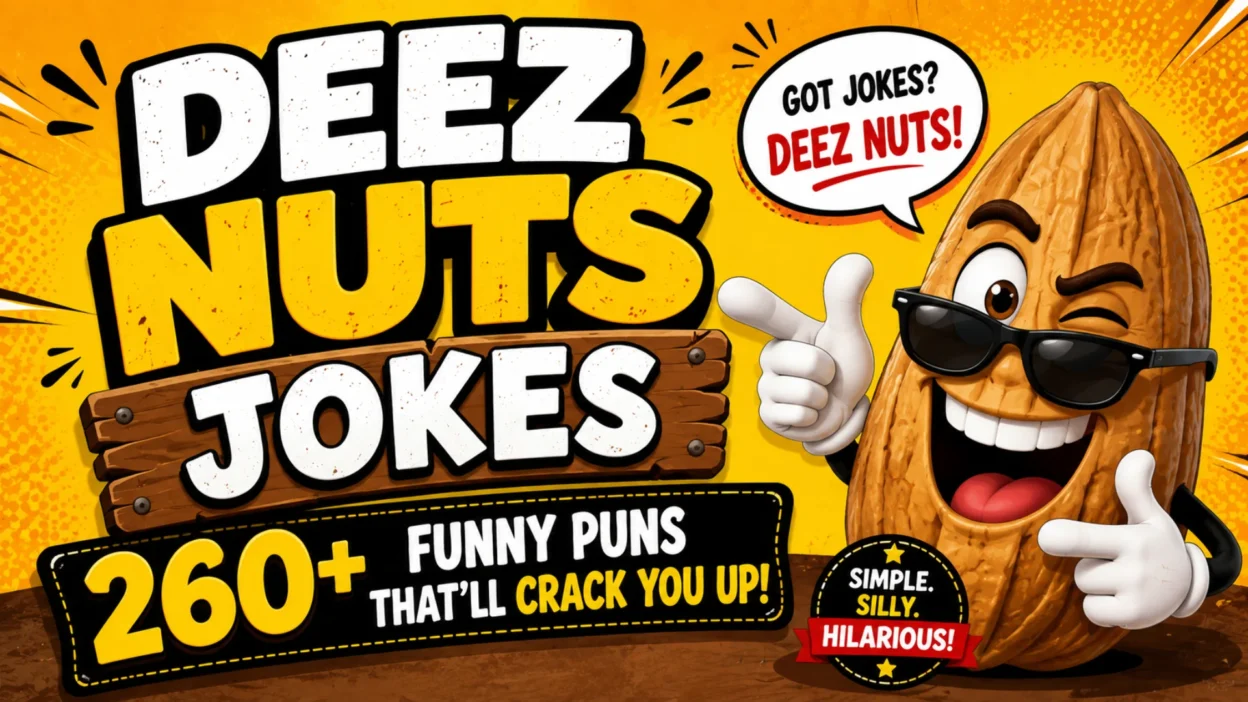 Deez Nuts jokes banner with a funny cartoon nut, bold text, and 260+ pun jokes on a bright yellow background.