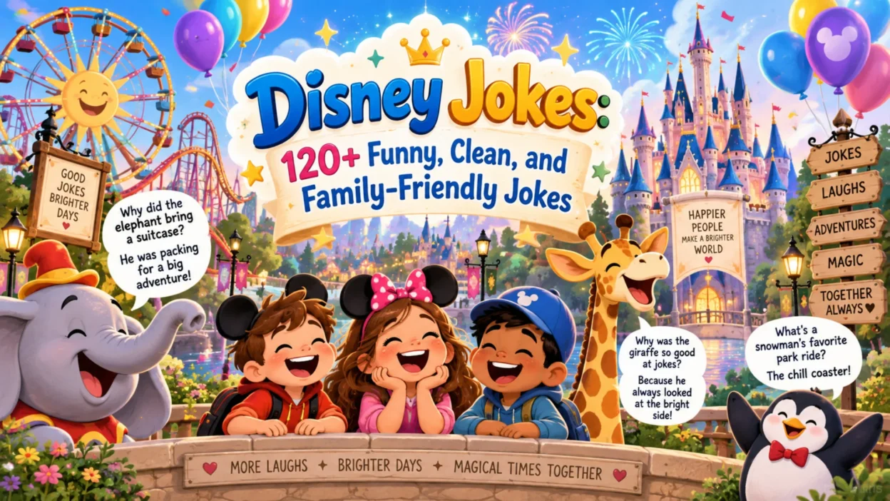 Colorful Disney jokes illustration with laughing kids, animals, a magical castle, balloons, and family-friendly fun.