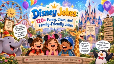 Colorful Disney jokes illustration with laughing kids, animals, a magical castle, balloons, and family-friendly fun.