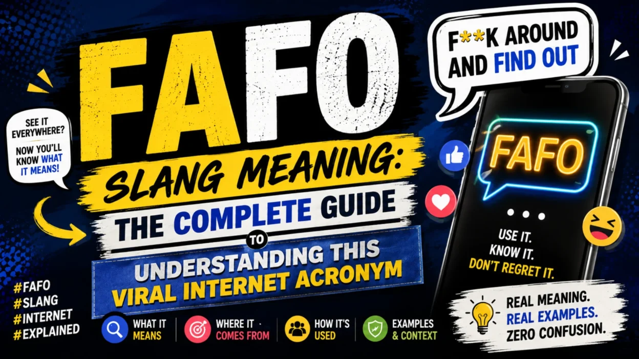 FAFO slang meaning infographic explaining the viral internet acronym with bold typography, smartphone graphic, and usage guide.
