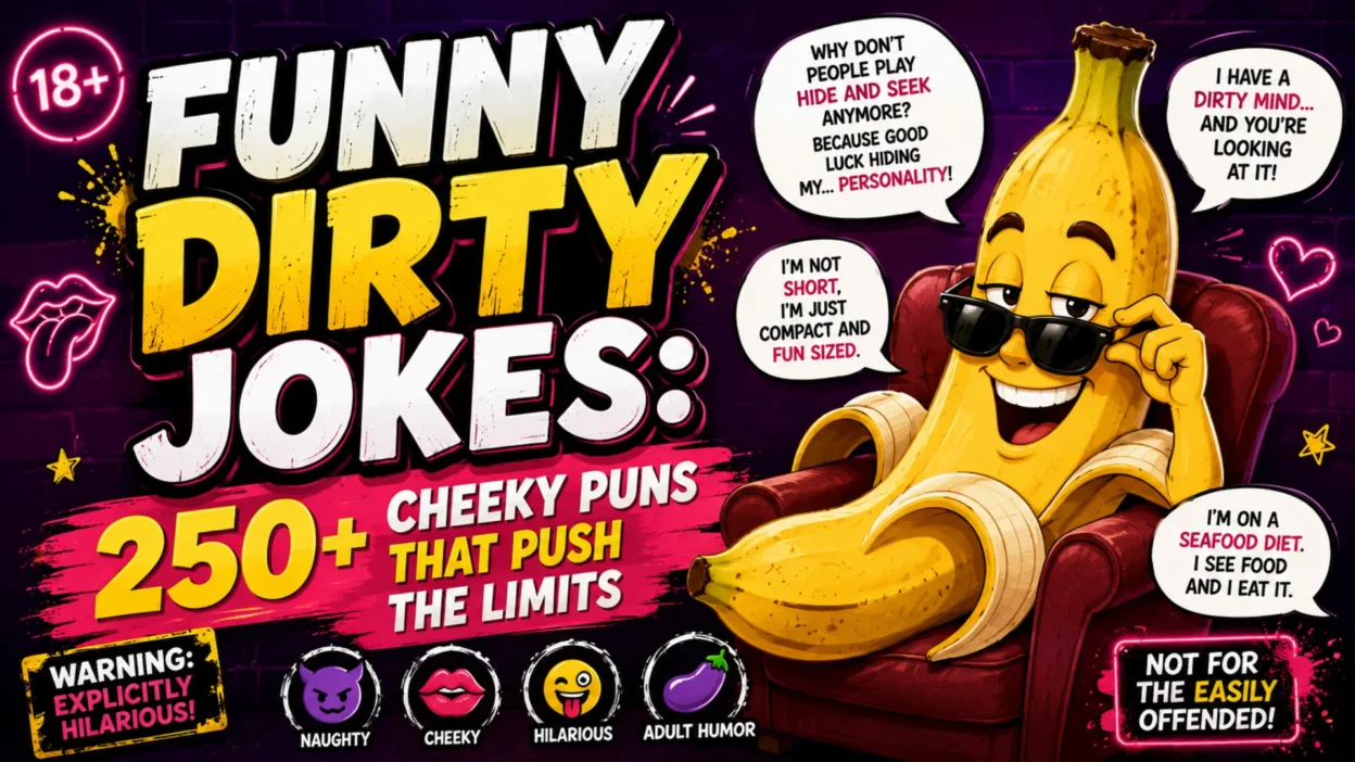 Cartoon banana with sunglasses surrounded by funny dirty jokes, cheeky puns, and neon comic graphics on a colorful background.