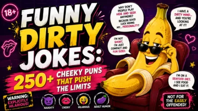 Cartoon banana with sunglasses surrounded by funny dirty jokes, cheeky puns, and neon comic graphics on a colorful background.