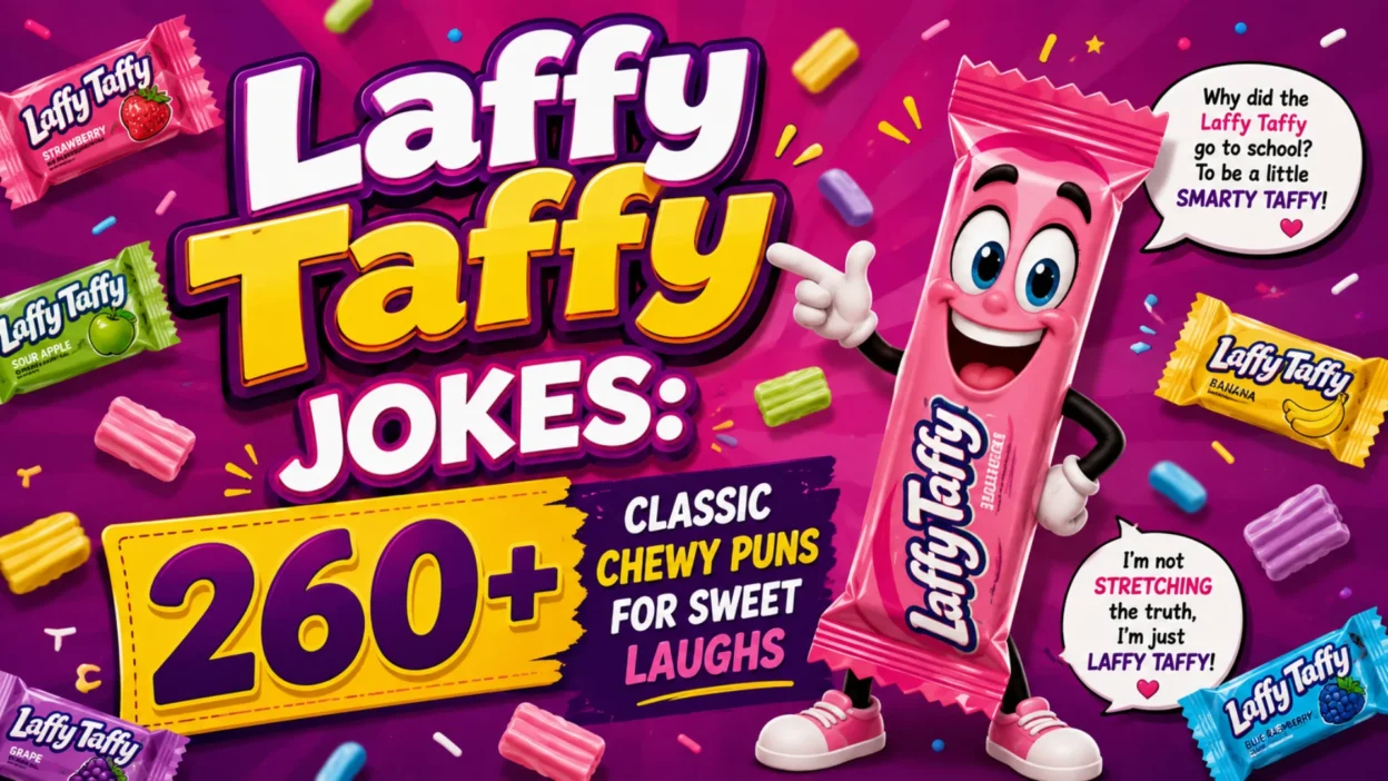Colorful Laffy Taffy cartoon with classic chewy candy jokes, sweet puns, and fun speech bubbles on a vibrant background.