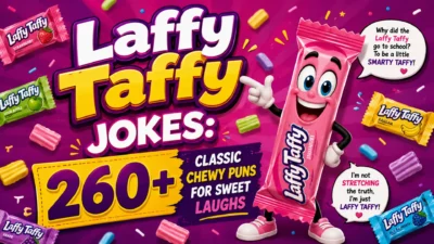 Colorful Laffy Taffy cartoon with classic chewy candy jokes, sweet puns, and fun speech bubbles on a vibrant background.
