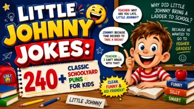 Smiling Little Johnny cartoon in a classroom with funny school jokes, colorful chalkboard, books, and playful speech bubbles.