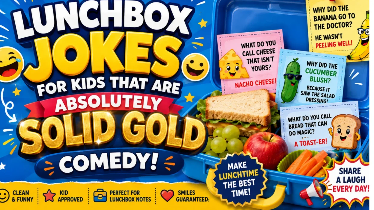 Lunchbox jokes for kids with funny food jokes, colorful cartoon characters, and playful lunch ideas