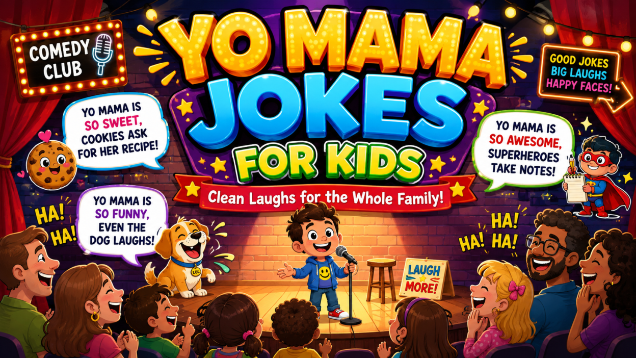 Funny yo mama jokes for kids illustration with a child comedian performing for a laughing family audience