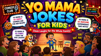Funny yo mama jokes for kids illustration with a child comedian performing for a laughing family audience