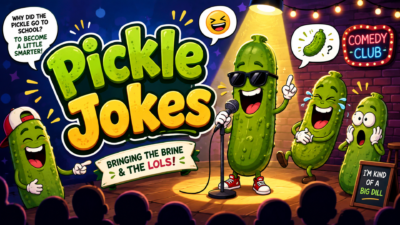 Funny pickle jokes illustration featuring cartoon pickles performing comedy on stage