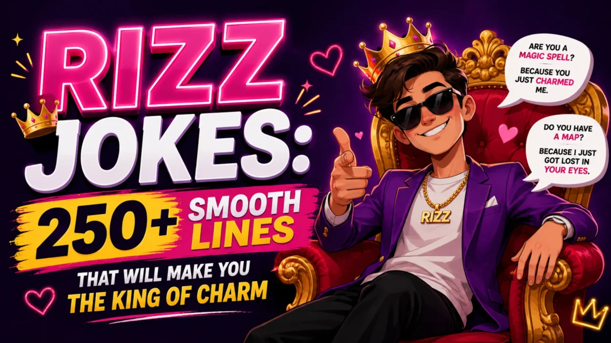 Cartoon king wearing a crown and sunglasses sharing funny rizz jokes and smooth pickup lines on a colorful neon background.