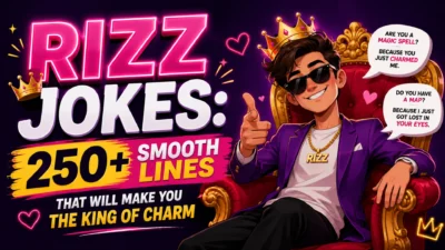 Cartoon king wearing a crown and sunglasses sharing funny rizz jokes and smooth pickup lines on a colorful neon background.