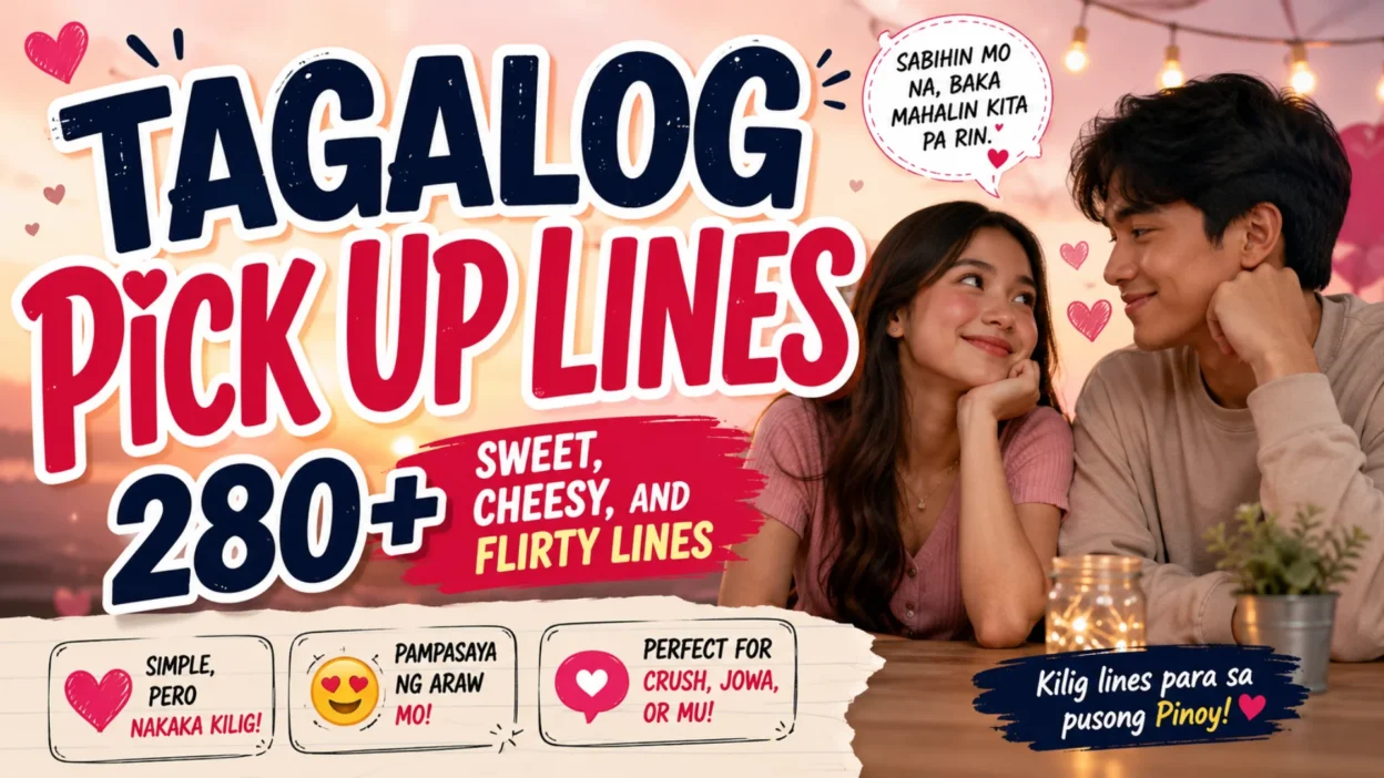 Tagalog pick up lines graphic with 280+ sweet, cheesy, and flirty lines for crushes and couples