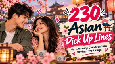 230 Asian pick up lines for charming conversations featuring a smiling couple, cherry blossoms, and lanterns