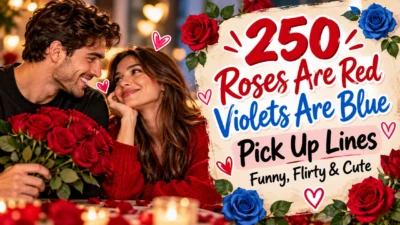 250 roses are red violets are blue pick up lines with a romantic couple, red roses, and hearts
