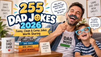 255 Dad Jokes 2026 featuring a laughing father and son sharing funny, clean, and corny jokes