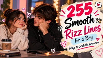 255 smooth rizz lines for a boy featuring a flirty couple, hearts, coffee, and a cozy romantic setting