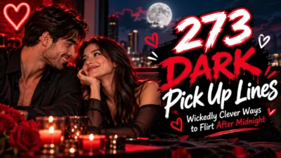 273 dark pick up lines featuring a flirty couple, red roses, candles, hearts, and a moonlit city at midnight