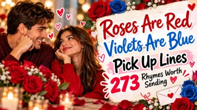 273 Roses Are Red Violets Are Blue pick up lines with a romantic couple, roses, hearts, and love letter