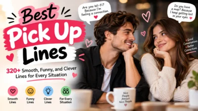 Smiling couple sharing a flirtatious moment beside Best Pick Up Lines text and romantic heart graphics