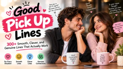 Smiling couple sharing a romantic moment beside good pick up lines text and playful heart graphics