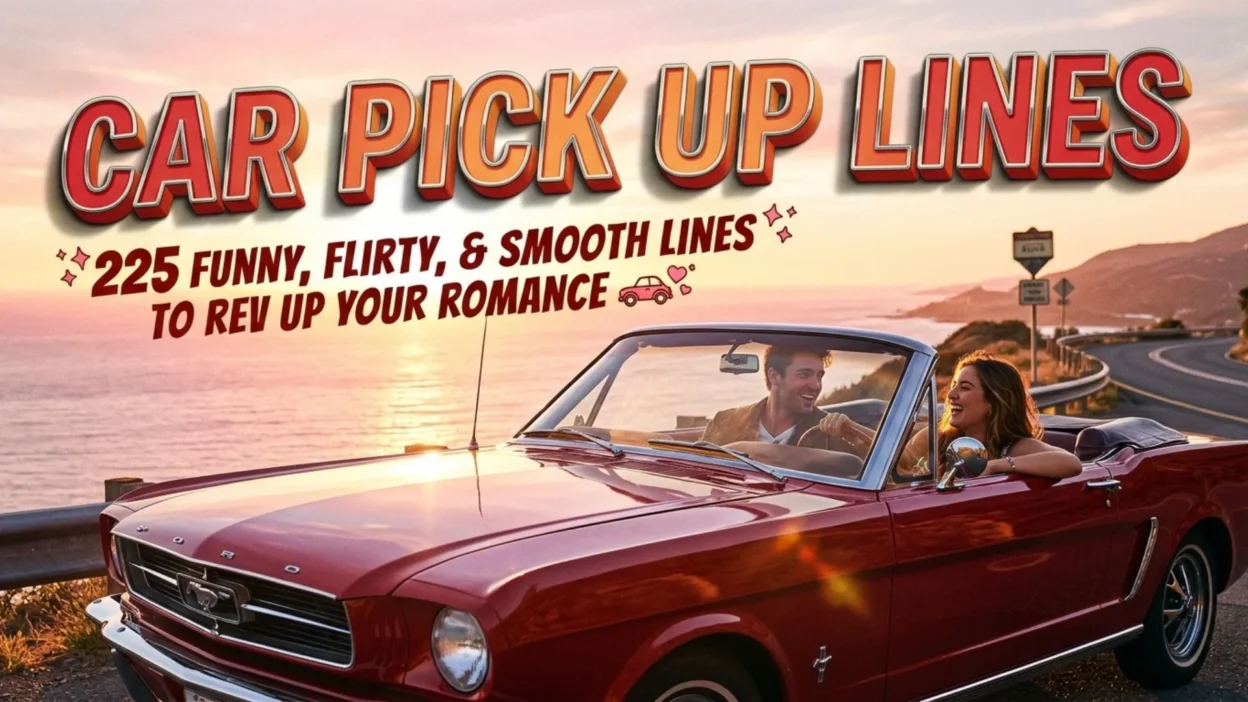 Car pick up lines banner with 225 funny, flirty, and smooth romantic lines.