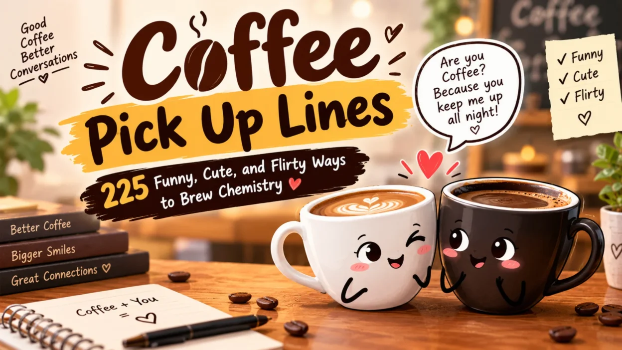 Coffee pick up lines banner with two cute coffee cups and 225 funny, flirty ways to brew chemistry.