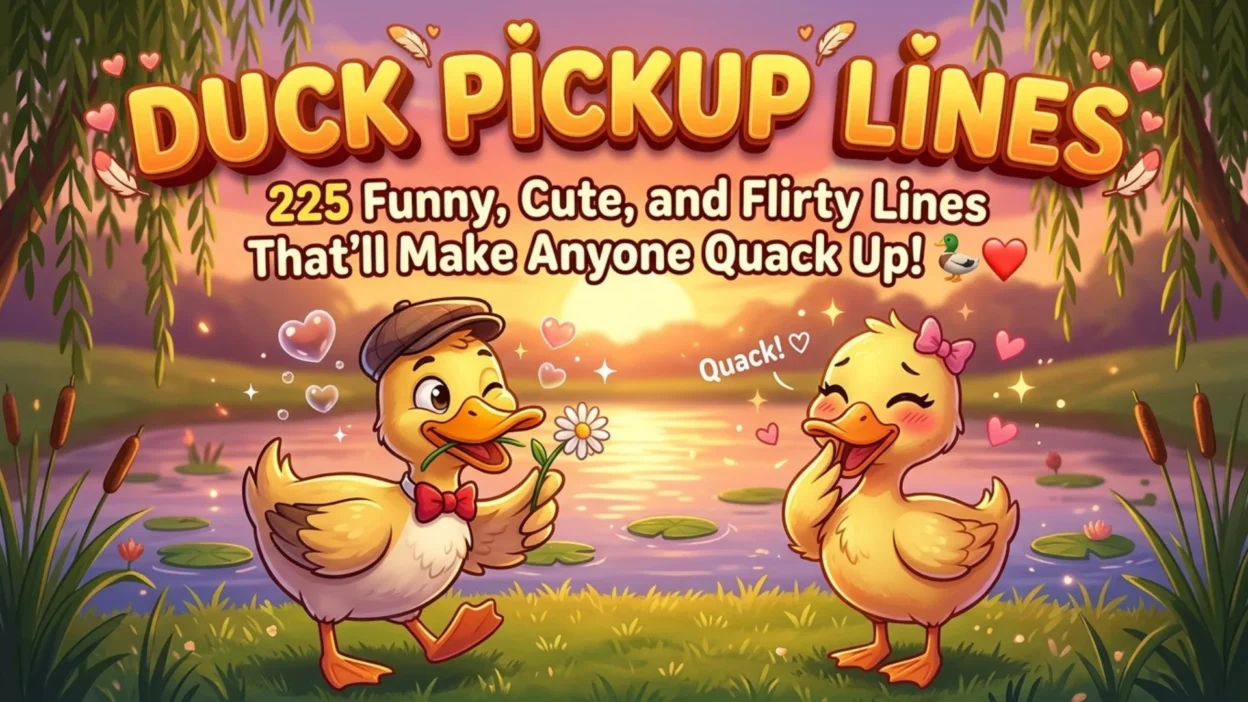 Duck pickup lines banner featuring 225 funny, cute, and flirty duck-themed lines.