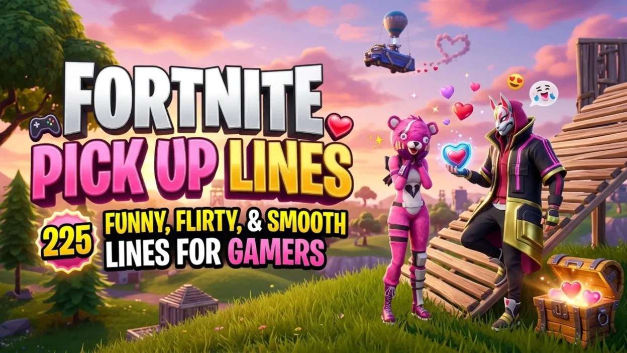 Fortnite pick up lines banner featuring 225 funny, flirty, and smooth gaming-inspired lines.