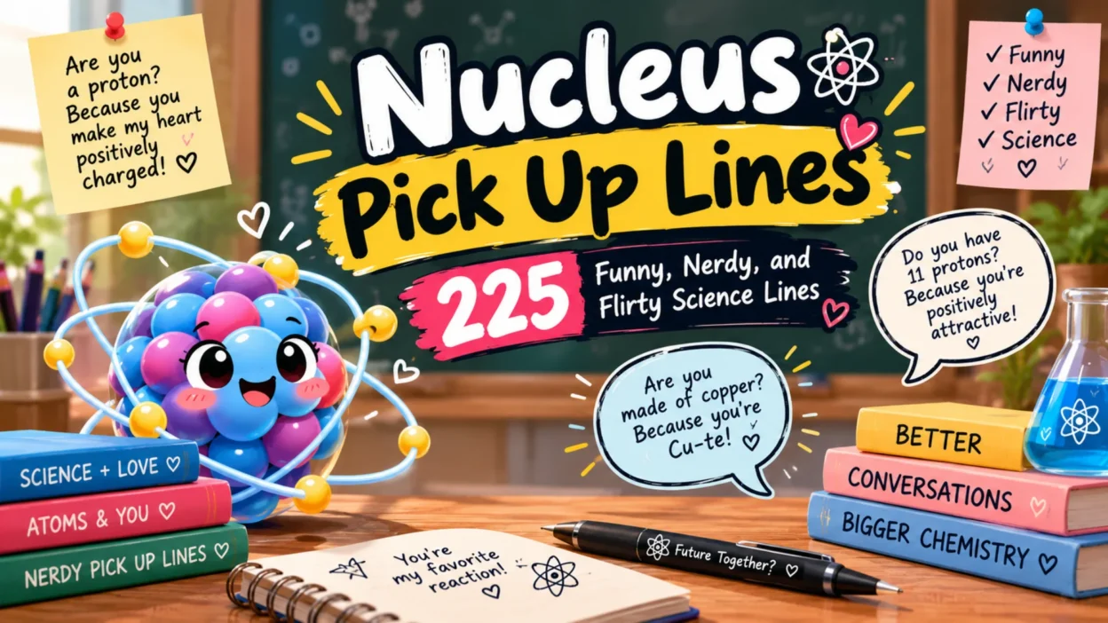 Nucleus pick up lines banner featuring a cute atom mascot and 225 funny, nerdy, and flirty science lines.